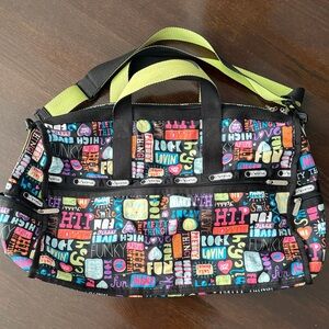 Lesportsac Black Multicolor Graphic Travel Duffle with Lime Strap
